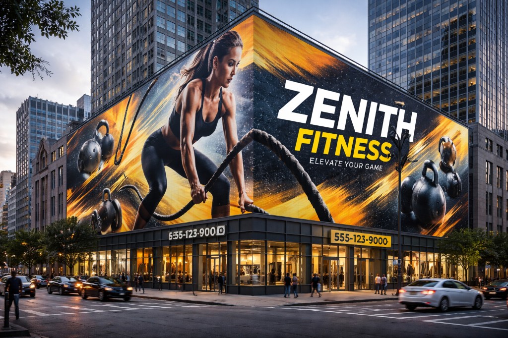 Large corner building wrap at city intersection