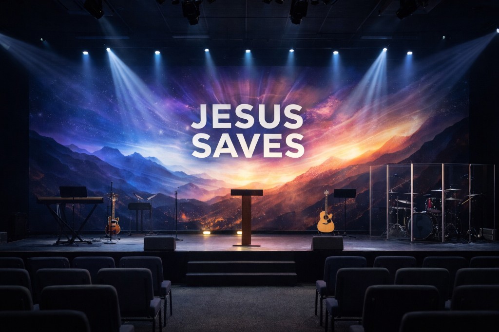 Church stage with large scenic backdrop mural