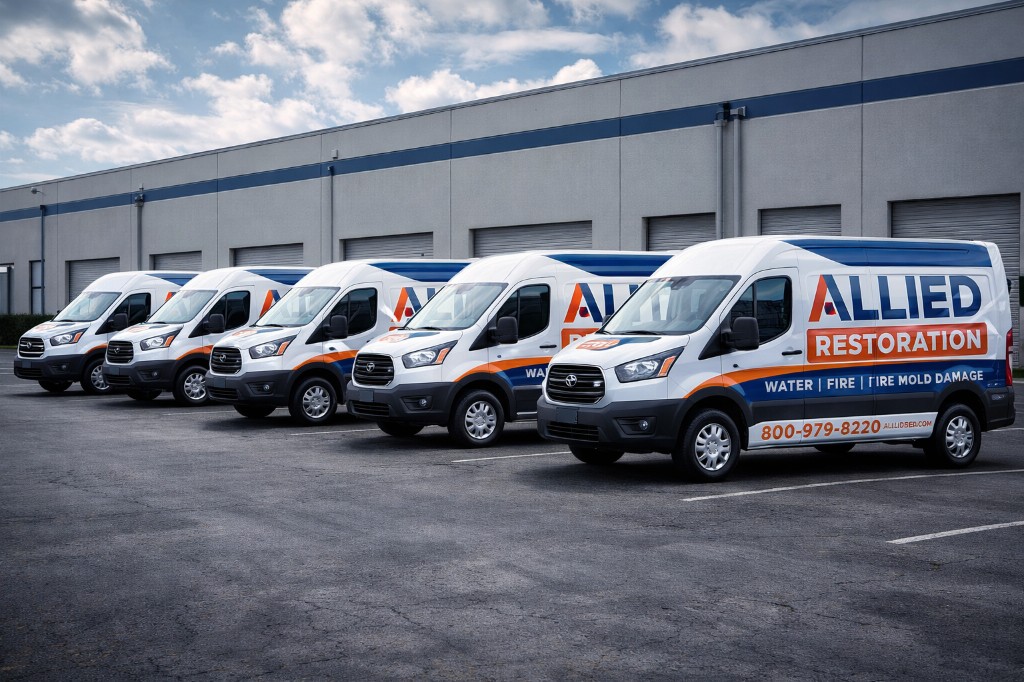 Fleet of branded commercial cargo vans in a row