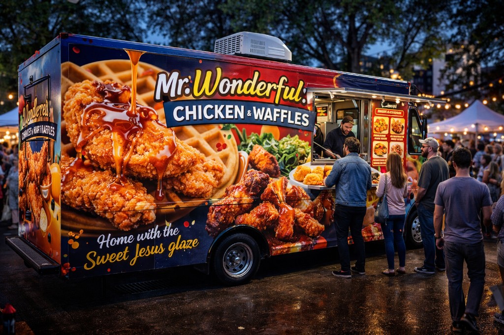 Food truck with full graphic wrap at night