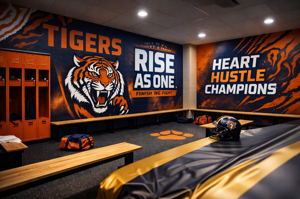 Athletic locker room with tiger mural and wall graphics