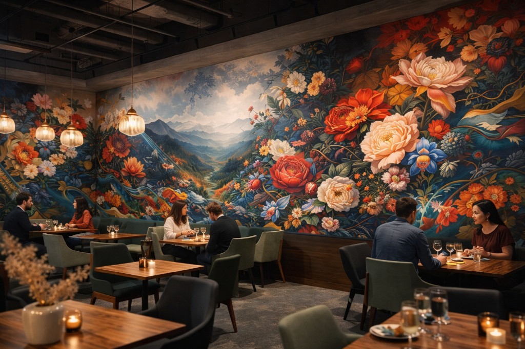 Luxury restaurant with immersive floral wall mural