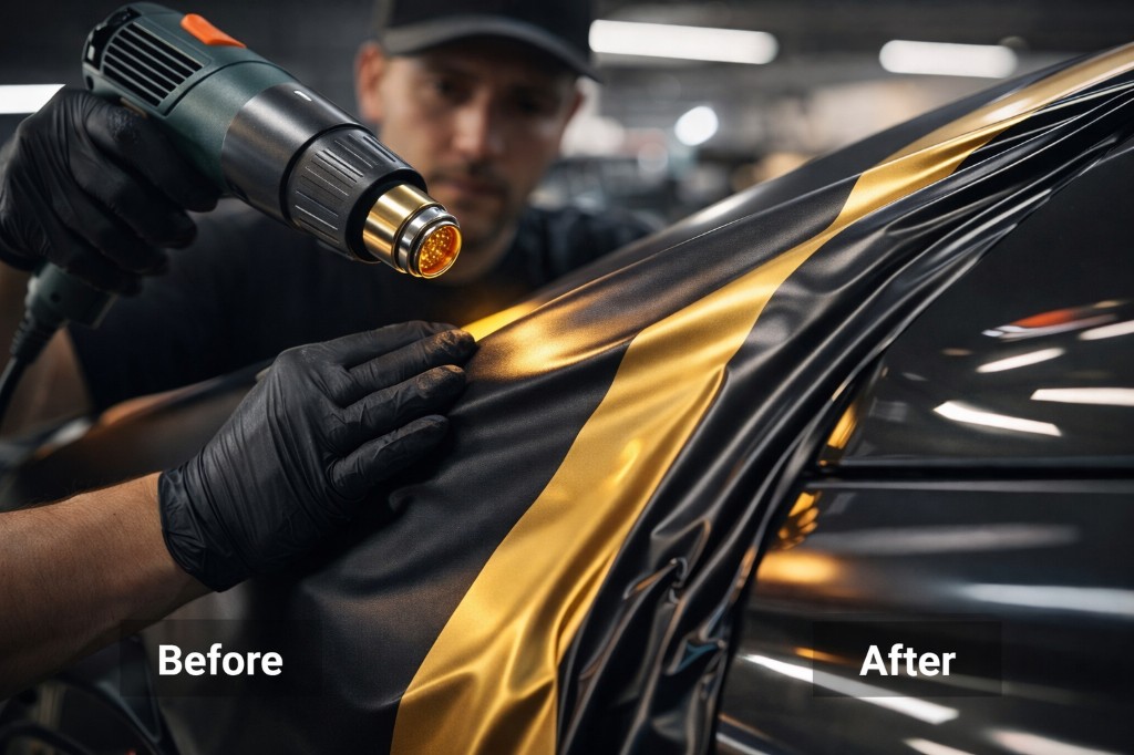Technician installing matte black and gold vinyl with heat gun